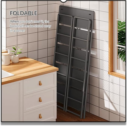 4NM No Assembly 5 Tiers Folding Bookshelf Storage Shelves Vintage Bookcase Standing Racks Study Organizer Home Office (All Black)