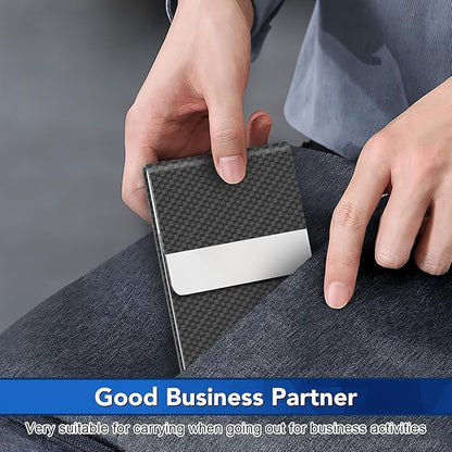 DMFLY Business Card Holder, Metal Slim Business Card Case, Pocket Card Holder for Women or Men, PU Leather Business Card Holder Case RFID Blocking Name Card Holder with Magnetic Closure, Black Carbon | Slim, Business Card Case, Pocket Card Holder, RFID...