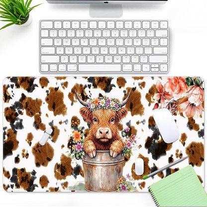 Britimes Cute Highland Cow Desk Mat Flowers Cartoon Print Deak Pad Non-Slip PU Leather Large Keyboard Mouse Pad Office Desktop Accessories for Office,Work,Home Decor(31.5"X15.7")