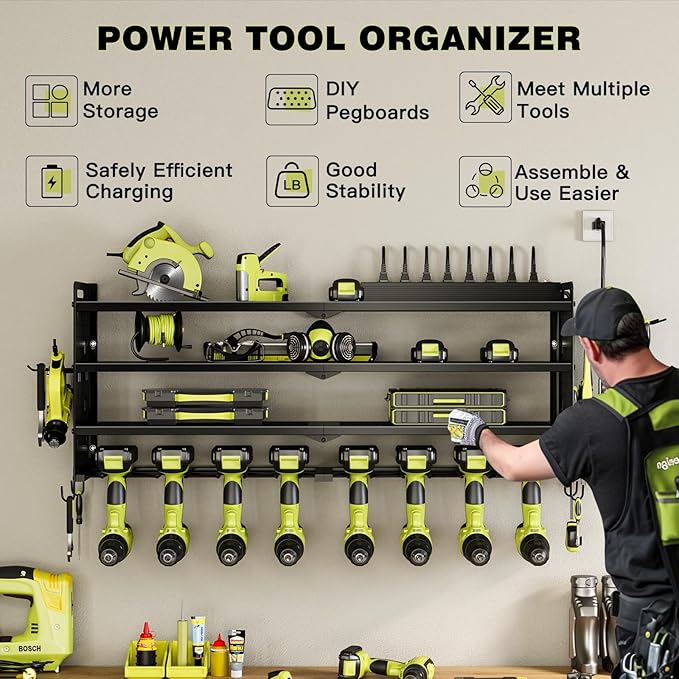 NattyDot Power Tool Organizer Wall Mount with Charging Station,Cordless Tool Organizer 8 Drill Holder, 4 Layer Storage Rack for Garage Organization,Tool Holder with 8 Outlet Power Strip (Black)