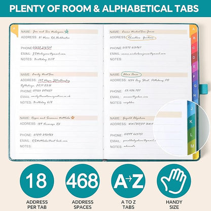ZXHQ Address Book with Colorful Alphabetical Tabs (8.4" x 5.8") - Address Books for Seniors Hardcover Telephone and Contact Organizer, with Space for Important Website Passwords - Seagreen