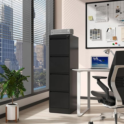 Reegangfa 4 Drawer File Cabinet with Lock, 18" D Metal Vertical Filing Cabinets, Steel File Storage Cabinets for Home Office, Hanging A4 Legal/Letter Size Narrow File Cabinet, Assembly Required