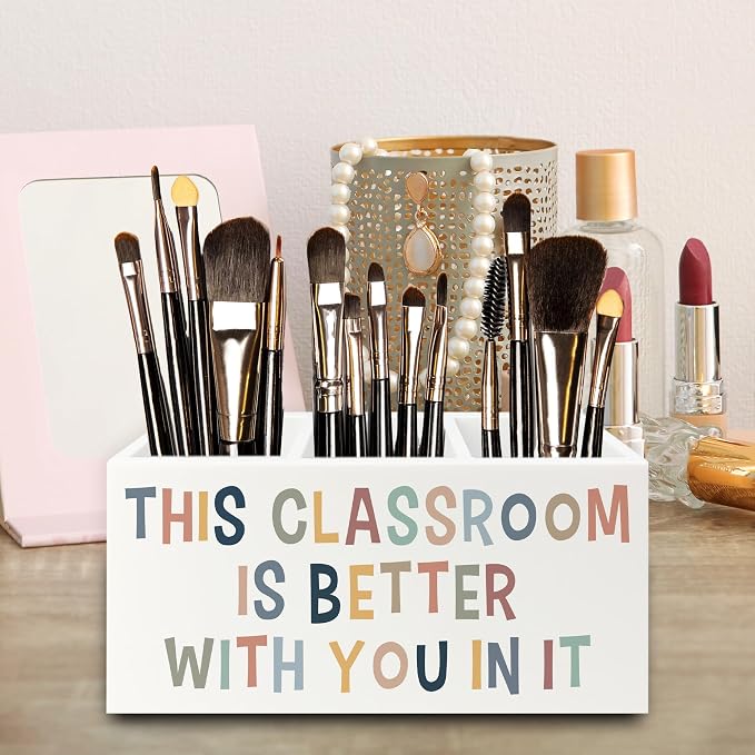 Boho Classroom Pen Pencil Holder Organizer for Desk, This Classroom Is Better With You in It Wooden Box Signs Decorations for Home Office Desk Tabletop, Back to School Supplies