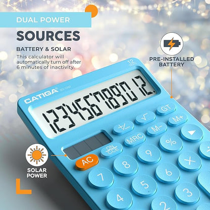 CATIGA 12 Digit Desktop Calculator Basic Desk Calculator with Large LCD Display, Big Buttons, 4 Function, Solar and Battery Dual Power, for Office, School, Home, SD-1292 Blue