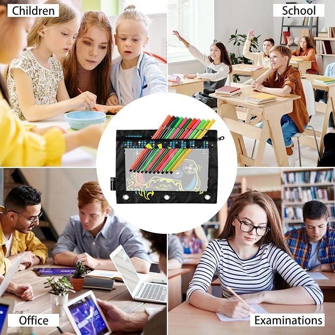 Play Game Binder Pouches 3 Ring for Boys Girls School Office College Supplies Toy Game pad Black Pencil Pouches Case Bag with Clear Window and Zipper 2 Pack