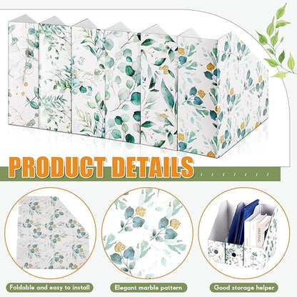 PerKoop 6 Pcs Magazine File Holder Foldable Decorative Cardboard File Folders 6 Patterns Floral Colored Magazine Rack with Printable Sticker Labels for School Office Home Desk (Eucalyptus Leaves)