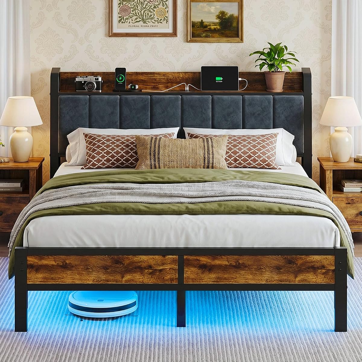 Queen Size Bed Frame with Storage Headboard, LED Lights