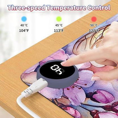 Heated Desk Pad Large Mouse Pad 31.5 x 13 inch with 3 Levels Heating & Auto Shut-Off Warm Mouse pad PU Leather Computer Mousepad for Home Office Work - Cherry Blossom and Bee