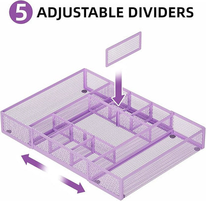 Marbrasse Expandable Desk Drawer Organizer, Mesh Drawer Organizer Tray with 10 Adjustable Compartments, Desk Organizers and Accessories for Office Supplies, Makeup & Vanity (Expandable-Purple)