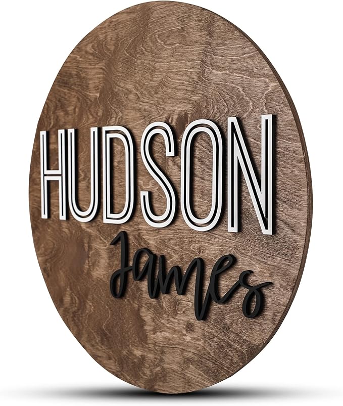 Custom Round Nursery Name Sign, Personalized Wooden Wall Plaque, 12" 18" 24", 30" 3D Wall Art for Children & Kids Rooms, Baby Shower, Hickory Hollow Designs (Hudson James)