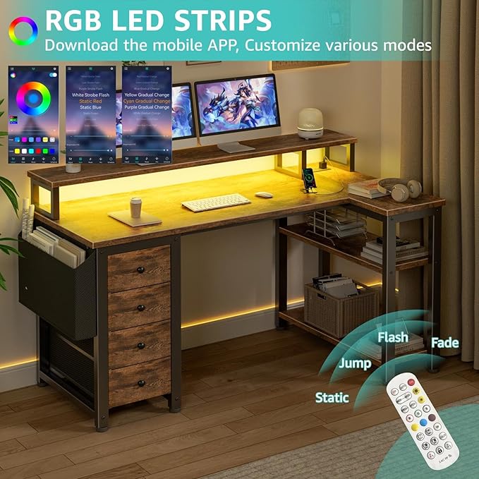 Lufeiya L Shaped Gaming Desk with Led Lights and Power Outlets, 47 Inch Corner Home Office Desk with Monitor Stand Shelves, Writing Study Computer Desks with Fabric Drawers for Bedroom, Rustic Brown