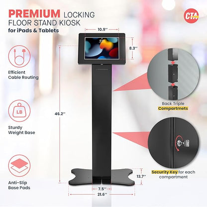 CTA Digital Locking Kiosk & Enclosure – Premium Locking Floor Stand Kiosk with Universal Security Enclosure - Storage and Cable Management for Retail POS - Ordering Screens & More Black (PAD-PARAFPE)