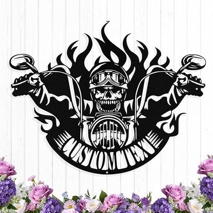 Custom Motorcycle Skull Metal Sign Personalized Biker Name Sign Custom Garage Decor Motorbikes Wall Art Decor Motorcycle Sign Men Room Decor Gifts for Men Husband Rider