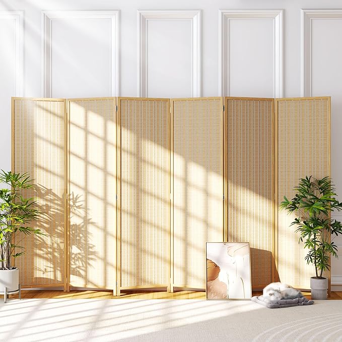 JOSTYLE Room Divider Folding Privacy Screen, 6 Panel Room Divider Screen - 6 ft. Tall Bamboo Divider Panel for Room Separation Freestanding Partition Wall, Beige