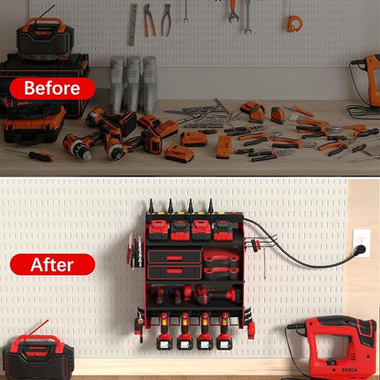 CFMASTER Power Tool Organizer Wall Mount with Charging Station - Heavy-Duty Cordless Drill Holder,Adjustable Tool Storage Rack for Garage,Workshop,Wall-Mounted Tool Organizer Gifts for Fathers Day