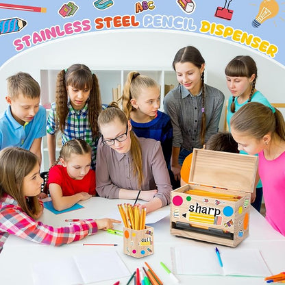 Mifoci 8 Pcs Wooden Pencil Dispenser Kit for Classroom Wooden Pen Holder Straw Dispenser Sharp and Dull Letter Stickers for Teachers Classroom Supplies Storage (Wood)