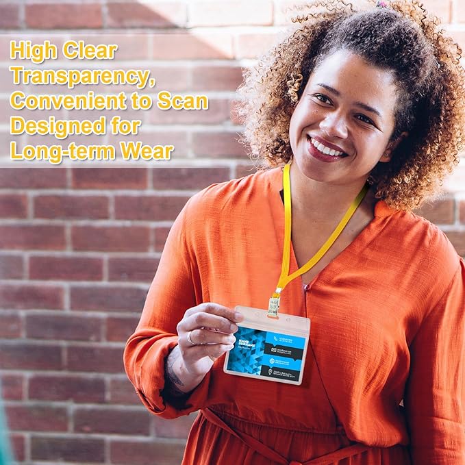 Marspark 50 Sets Clear Name Tags with Lanyard, Lanyards for ID Badges Reusable Strap with ID Holder Plastic Name Badges for Adults Business School Church Conference (Yellow)