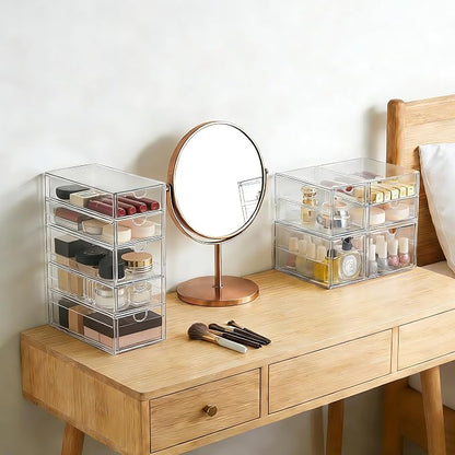 Prsildan Acrylic Drawer Makeup Organizer with 9 Drawers, Set of 3 Office Desk Organizers Accessories, Clear Stackable Storage Drawers for Vanity, Countertop, Craft, Jewelry, Art Supply Organization