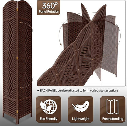 DURASPACE 6 Panel Room Divider, 6ft Tall Folding Privacy Screen, 19.5" Wide Panels, 360°Rotation, Hand-Woven Freestanding Wood Partition for Room Separation