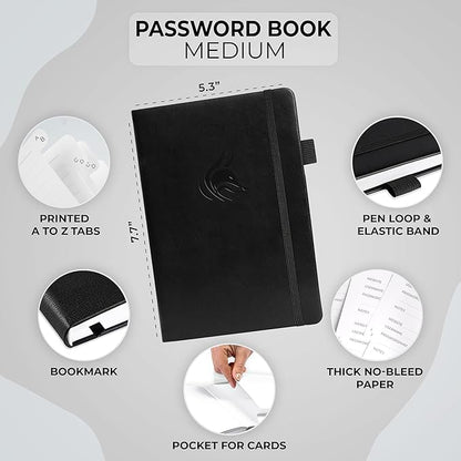 Clever Fox Password Book with alphabetical tabs. Internet Address Organizer Logbook. Medium Password Keeper for Website Logins (Black)