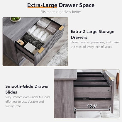 JXQTLINGMU 2 Drawer File Cabinet with Charging Station, 30" Fluted Lateral File Cabinet w/Files Hanging Rod for Letter/Legal/A4, Large Tabletop for Printer, Office Wood Printer Cabinets, Grey