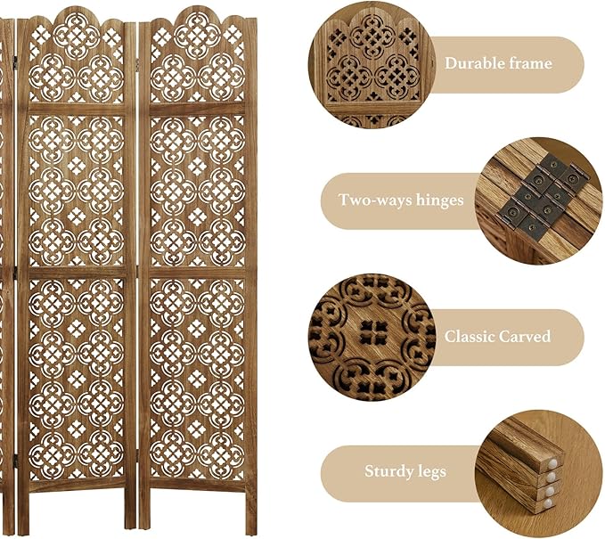 68.9Inch Folding Room Divider, 4 Panels Wood Carved Privacy Screens - Ideal Decorative Partition for Home, Office, Restaurant, Bedroom (Dark Brown)