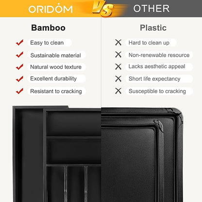 oridom Large Premium Bamboo Silverware Organizer - Expandable Drawer Organizer & Utensil Organizer - 17"x19.7" Cutlery Tray with Dividers for Kitchen Utensils and Flatware (7-9 Slots) (Black)