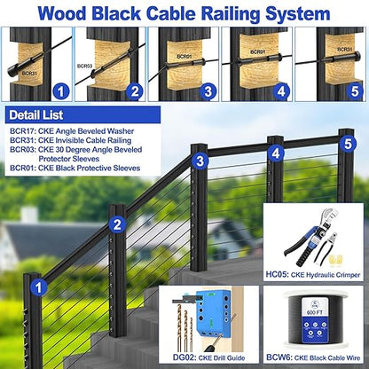 CKE 100 Pack T316 Stainless Steel Black Protector Sleeves for 1/8" 5/32" or 3/16" Cable Deck Stair Railing Kit System, Black Cable Railing Protective Sleeves for Wood Posts, DIY Balustrade, CR01-3/16