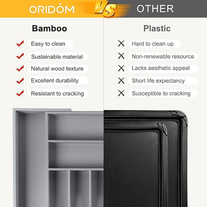 oridom Large Premium Bamboo Silverware Organizer - Expandable Drawer Organizer & Utensil Organizer - 17"x19.7" Cutlery Tray with Dividers for Kitchen Utensils and Flatware (7-9 Slots) (Grey)