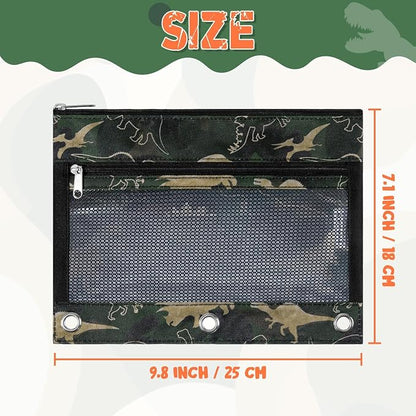 WAWSAM Dinosaur Pencil Pouch for 3 Ring Binder, Zipper Pencil Pouch for Boy | 2 Pocket Clear Window Pencil Case, 3 Ring Pencil Pouch for School Supplies, Pencil Bags for Office College