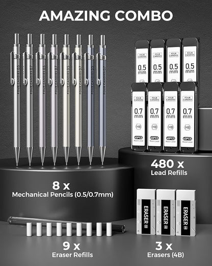 8PCS Metal Mechanical Pencil Set, 0.5mm & 0.7mm, Pack with Storage Case | 480 Leads, 3 Erasers+9 Refills, for School Writing, Sketching, Art Drawing & Professional Drafting