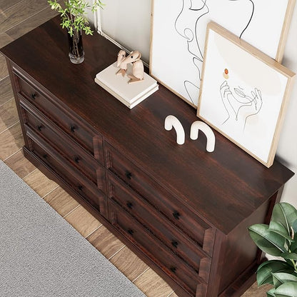VVFLU Farmhouse 6 Drawer Dresser for Bedroom, 54" Wide Wood Dresser with Natural Texture, Rustic Chest of Drawers for Bedroom with Vintage Metal Hands, for Living Room, Hallway, Cherry