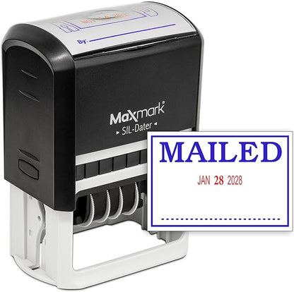 MaxMark Large Self-Inking Rubber Date Office Stamp with Mailed Phrase & Date - Blue/Red Ink, 12-Year Band - Style 3
