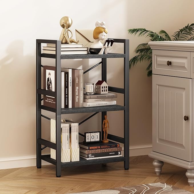 Homeiju Bookshelf, 3 Tier Industrial Bookcase, Metal Small Bookcase, Rustic Etagere Book Shelf Storage Organizer for Living Room, Bedroom, and Home Office(Black) Patent Pending D29873033