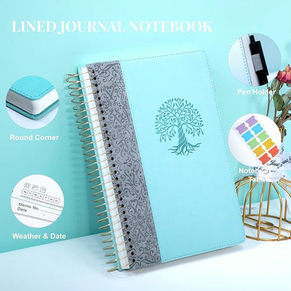 Spiral Notebook Wide Ruled Leather Journal for Women, 300 Pages, 7X10,Blue | Large Notebooks for School Office, Note Taking Notebooks for Writing Lined Notebook with Tabs Pockets Pen Holder