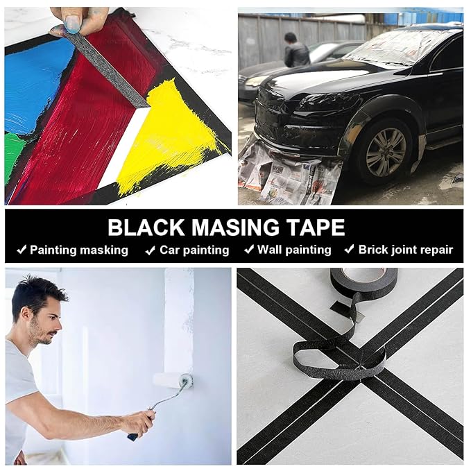 BOMEI PACK Black Painters Tape 1 Inch Bulk - Paint Tape 10 Rolls x 1 Inch x 55 Yards - Painter's Tape Black Masking Tape for Walls Painting, DIY Crafting, and School Projects, Total 550 Yards
