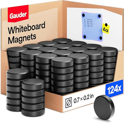 GAUDER Magnets for Whiteboard, Fridge & Bulletin Board - Strong Round Magnetic Discs - Black Magnets for Crafts (124 Pieces - 0.7" x 0.2")