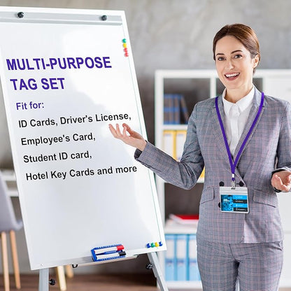 Marspark 100 Sets Clear Name Tags with Lanyard, Lanyards for ID Badges Reusable Strap with ID Holder Plastic Name Badges for Adults Business School Church Conference (Dark Purple)