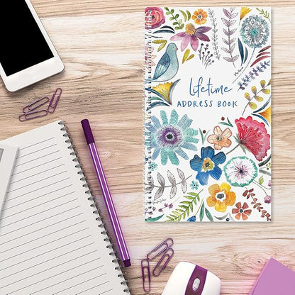 Current Embroidered Florals Address Book-94 Pages; Small 5" x 8-1/2" Size for Purse or Office,Spiral Bound Soft Cover Organizer for Contacts,Addresses,Email, & Phone Numbers + 50 Replacement Stickers