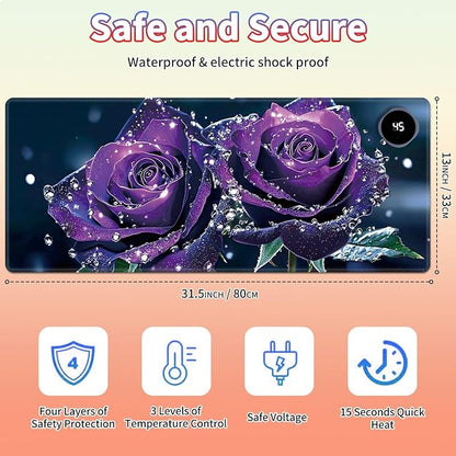 Heated Desk Pad Large Mouse Pad 31.5 x 13 inch with 3 Levels Heating & Auto Shut-Off Warm Mouse pad PU Leather Computer Mousepad for Home Office Work - Purple Rose Flower