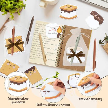 CJiangpo 24 Pack Marshmallow Sticky Note Pad with Pen Gift Set, Cute Self Stick Notepad Memo Pads Ballpoint Pens with Organza Bags, Funny Classroom Rewards Camping Themed Party Favor Gift for Kids