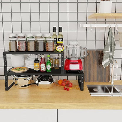 Jojocross Expandable Cabinet Shelf Organizer Storage Spice Rack Shelves for Kitchen Stackable Adjustable Pantry Cupboard Bathroom Countertop Desktop(1Pack/Black/Large)
