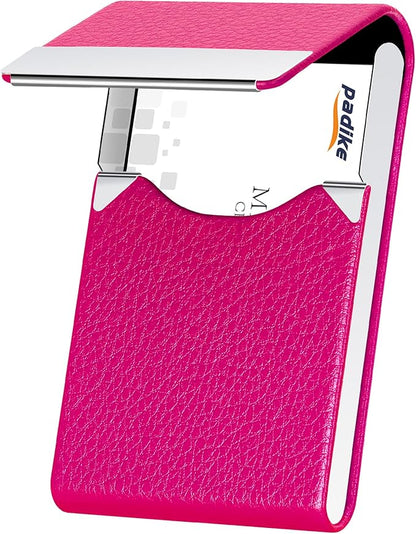 Padike PU Leather Business Card Holder for Women Professional Business Name Card Holder Stainless Steel Business Card Case with Magnetic Shut (Rose red)