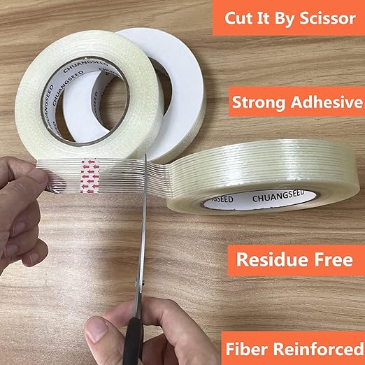 CHUANGSEED 3Pack Mono Filament Strapping Tape 6.2mil x 1Inch x 60yds Commodity Grade Heavy Duty Transparent Reinforced Fiberglass Tape