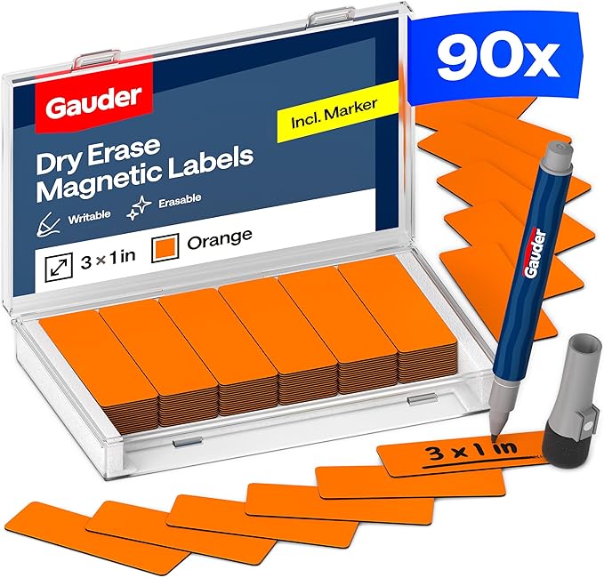 GAUDER Magnetic Labels Writable - Reusable Magnet Tags for Whiteboard, Chalkboard, Kanban Board and Refrigerator - Magnet Cards with Marker (90 Pack - 3 x 1 Inches)