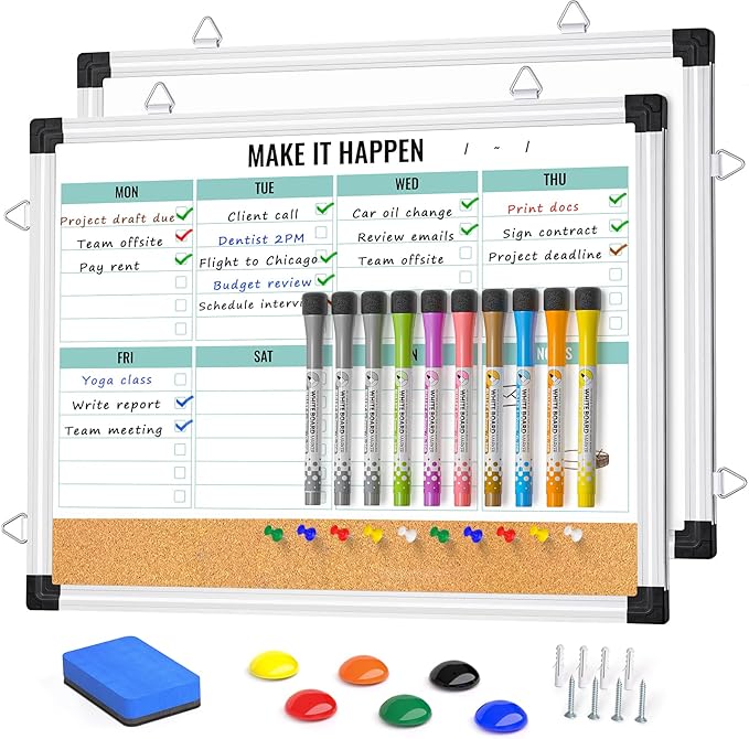 Weekly Calendar Whiteboard and Cork Board Combo for Wall, 17"x13" Reversible Hanging Dry Erase Board, Double Sided White Board with Aluminum Frame for Planning, Office, Kitchen, School, Home