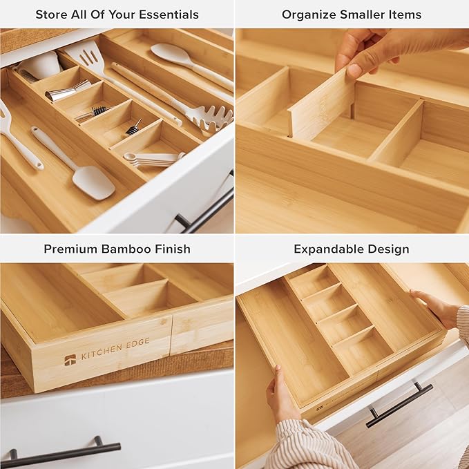 KitchenEdge Adjustable Bamboo Kitchen Drawer Organizer for Utensils and Junk, Expandable to 28 inches Wide, 9 Compartments
