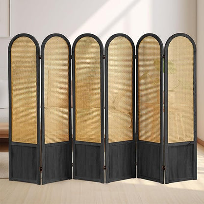 Asnefeli Room Divider 4 Panels, Folding Privacy Screen, Foldable Wood Rattan Room Divider Panel, Portable Partition Screen, Wall Divider for Room Separation Bedroom Home Office Garden Terrace (Black)