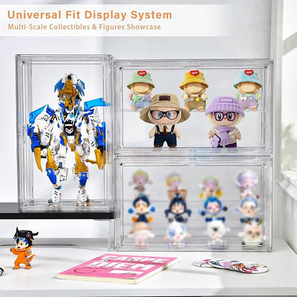 Freebat Clear Acrylic Display Case for Collectibles - 3-Tier Adjustable Figure Display with Magnetic Door & Removable Shelves,Stackable Dispaly Box for Figures - 2 Pack