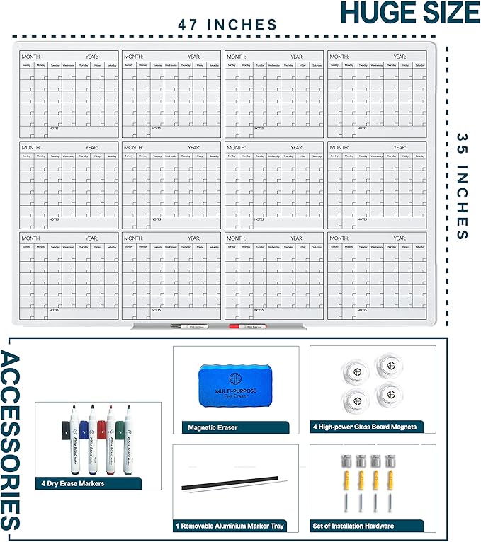 J&J worldwide Glass Whiteboard Yearly Calendar - 35" X 47" Large Wall Whitrboard - White Board Dry Erase Planner for Wall Home, School, Office